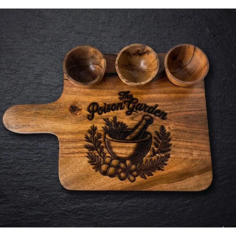 Handmade Acacia Wood Serving Board Set Mortar Pestle Engraved 3 Bowls Witchy Kit